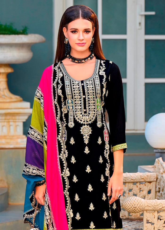 3 Pc Black Semi Stitched Silk Suit Set