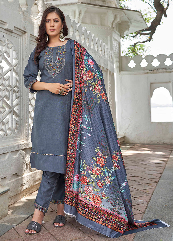 3 Pc Grey Readymade Cotton Dupatta Suit Set