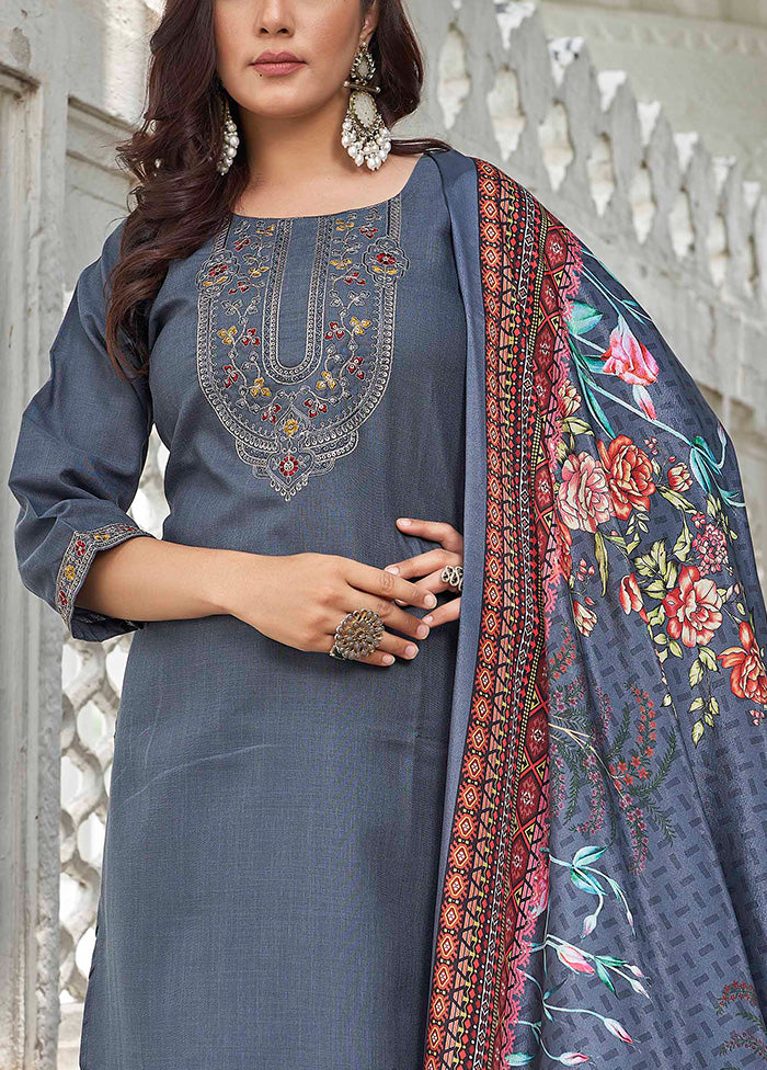 3 Pc Grey Readymade Cotton Dupatta Suit Set