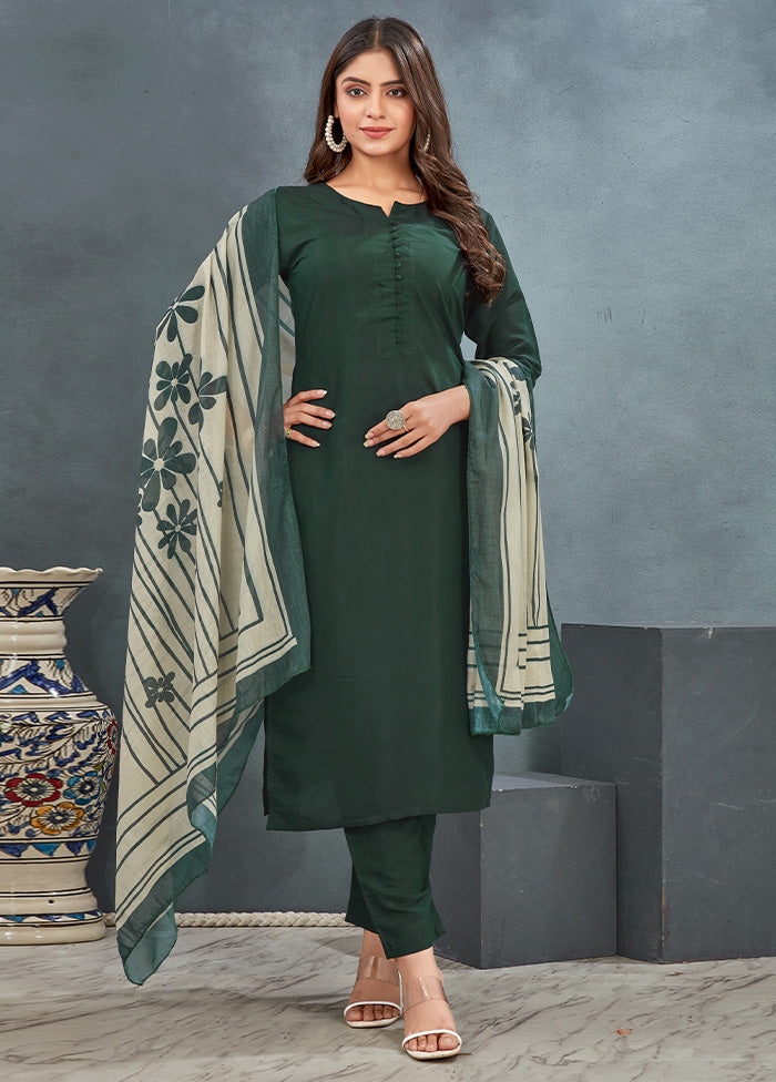 3 Pc Green Readymade Silk Dupatta Suit Set