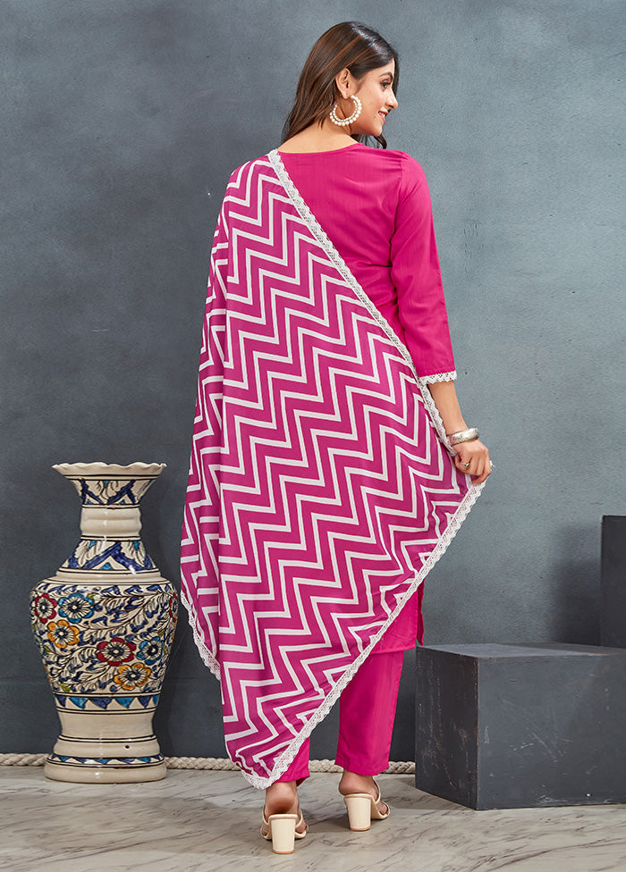 3 Pc Pink Readymade Rayon Dupatta Suit Set