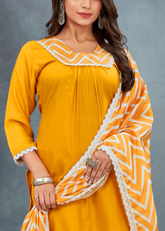 3 Pc Yellow Readymade Rayon Dupatta Suit Set