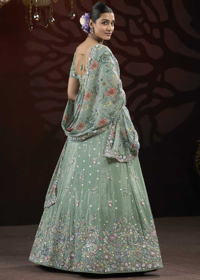 3 Pc Pista Green Silk Semi Stitched Lehenga Set