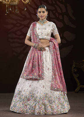 3 Pc White Silk Semi Stitched Lehenga Set