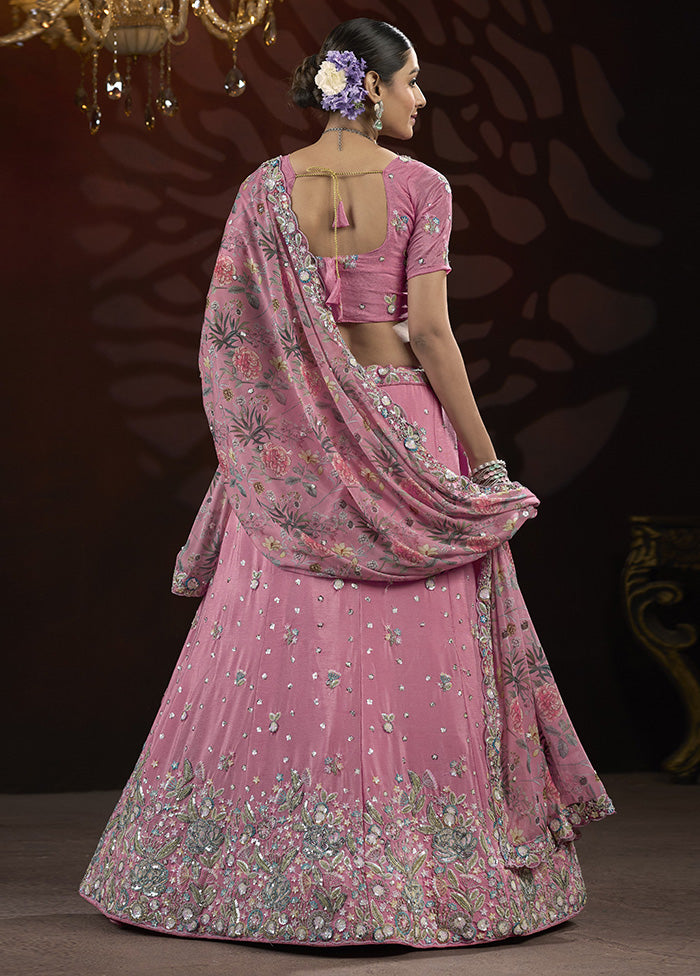 3 Pc Pink Silk Semi Stitched Lehenga Set