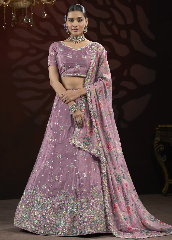 3 Pc Voilet Silk Semi Stitched Lehenga Set