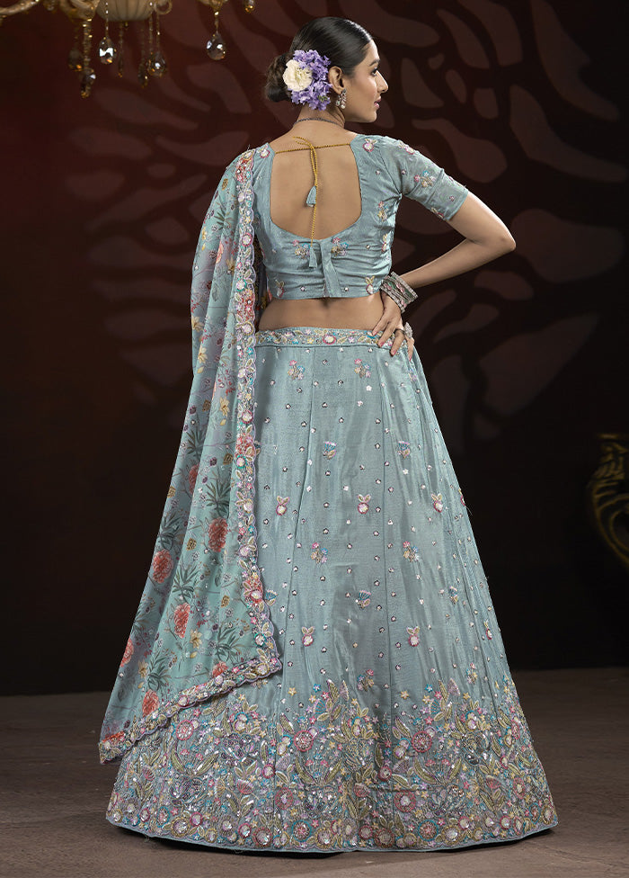 3 Pc Grey Silk Semi Stitched Lehenga Set