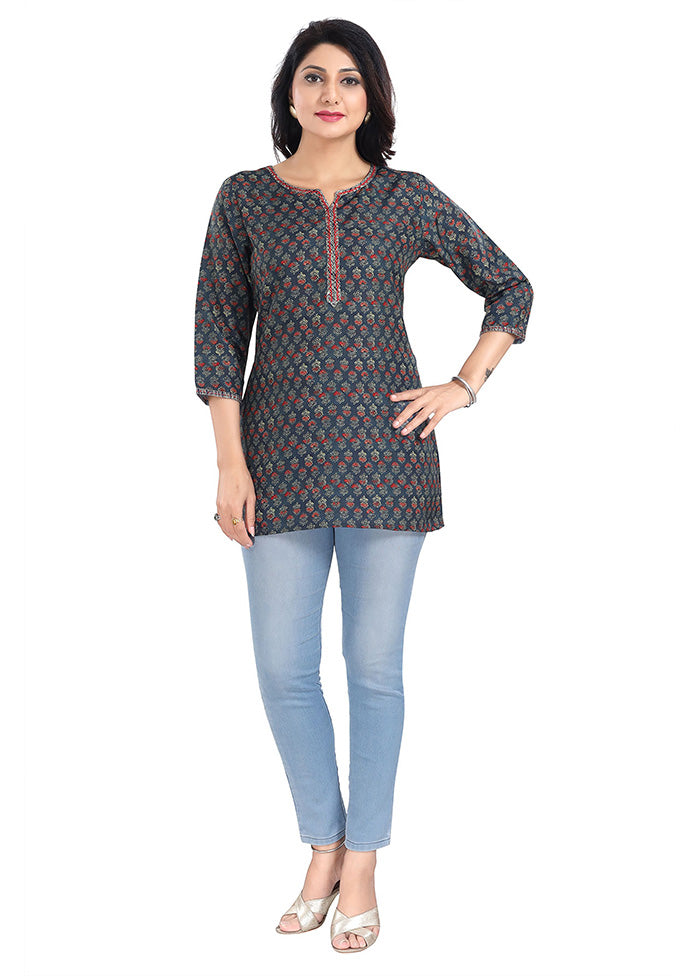 Navy Blue Readymade Rayon Short Kurti