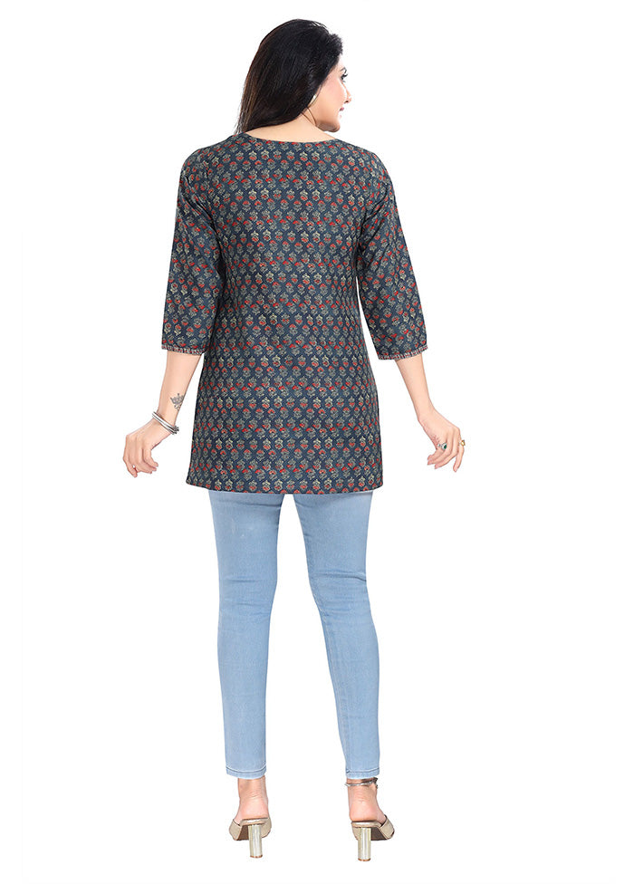 Navy Blue Readymade Rayon Short Kurti