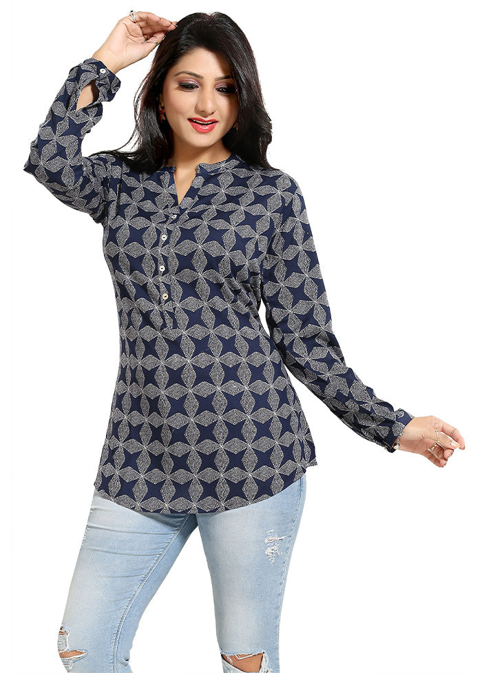 Navy Blue Readymade Rayon Short Kurti