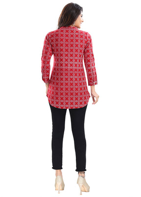 Red Readymade Rayon Short Kurti