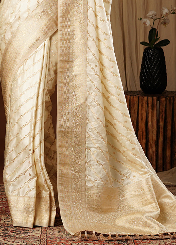 Cream Satin Silk Saree With Blouse Piece