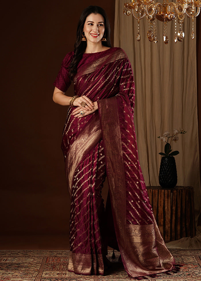 Maroon Satin Silk Saree With Blouse Piece