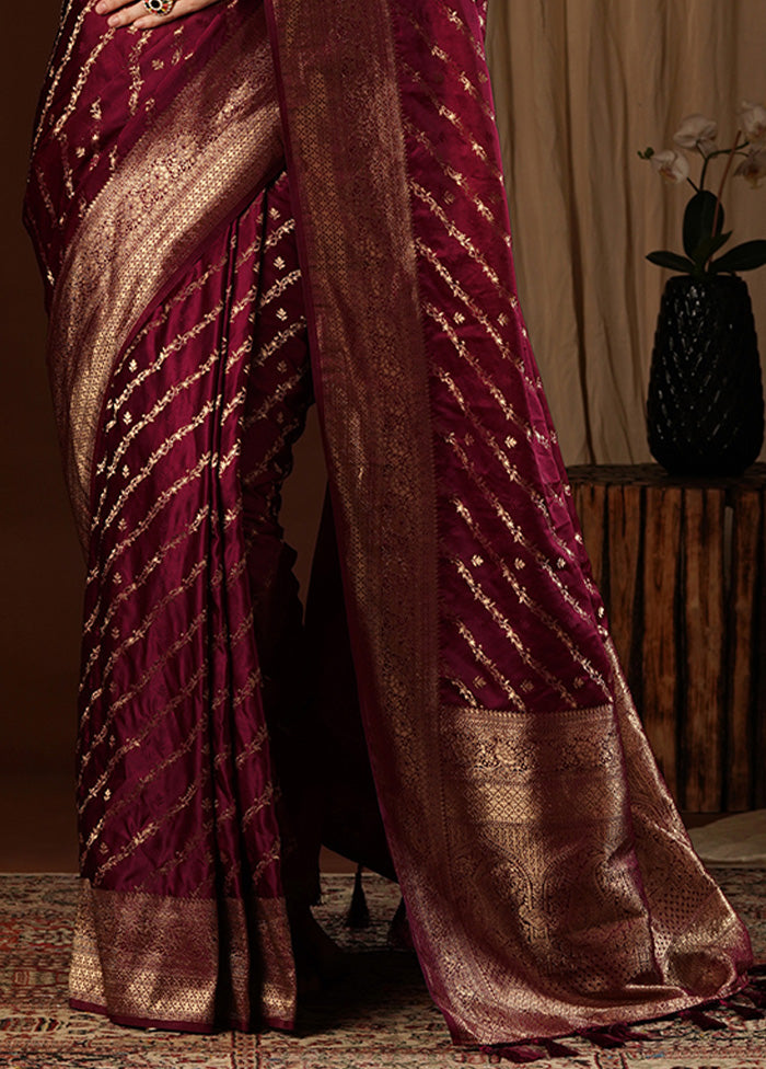 Maroon Satin Silk Saree With Blouse Piece