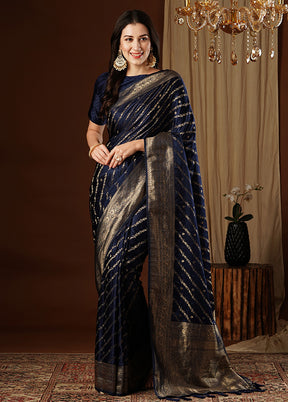 Navy Blue Satin Silk Saree With Blouse Piece