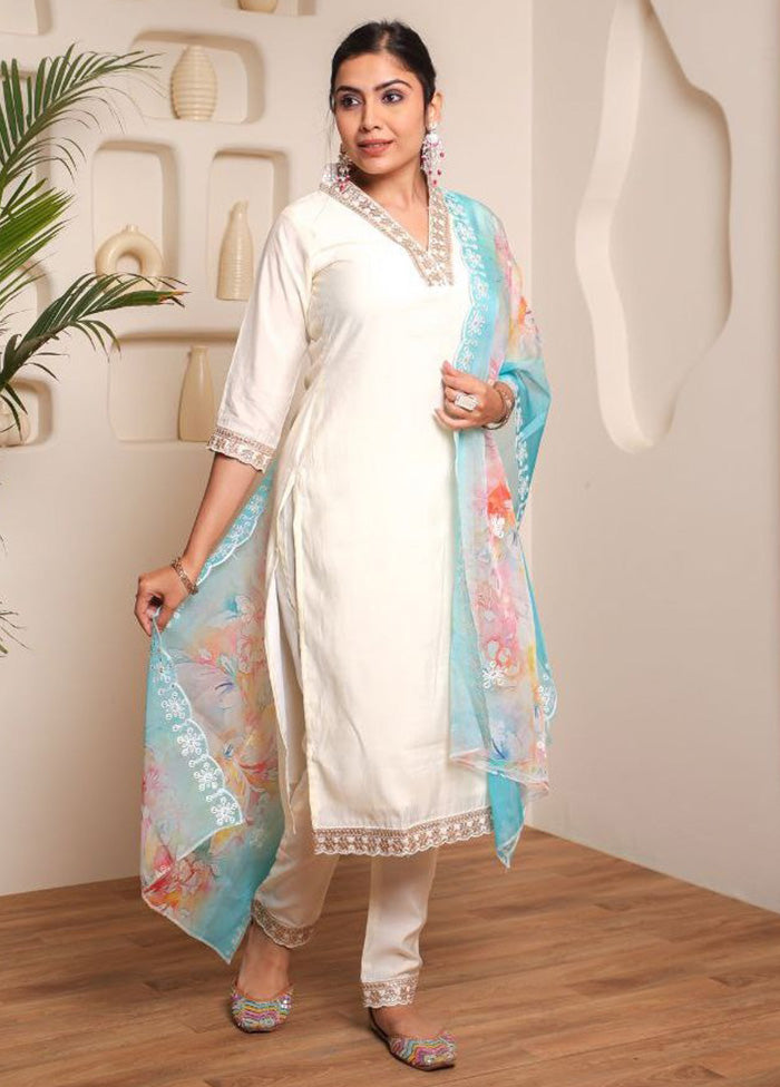 3 Pc Off White Readymade Chanderi Dupatta Suit Set