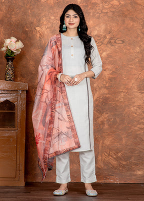 3 Pc Grey Readymade Cotton Dupatta Suit Set