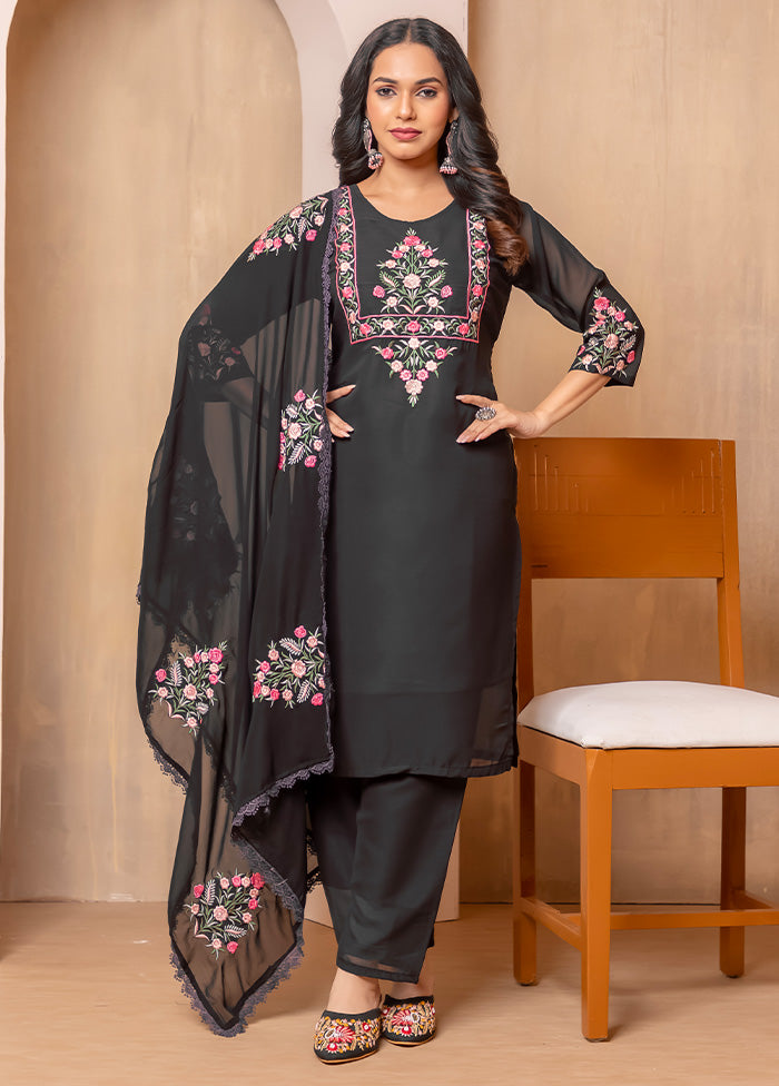 3 Pc Black Readymade Georgette Dupatta Suit Set