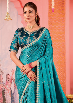 Sea Green Satin Silk Saree With Blouse Piece