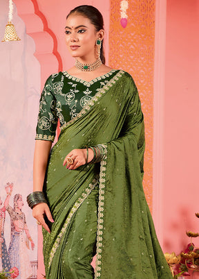 Olive Green Satin Silk Saree With Blouse Piece