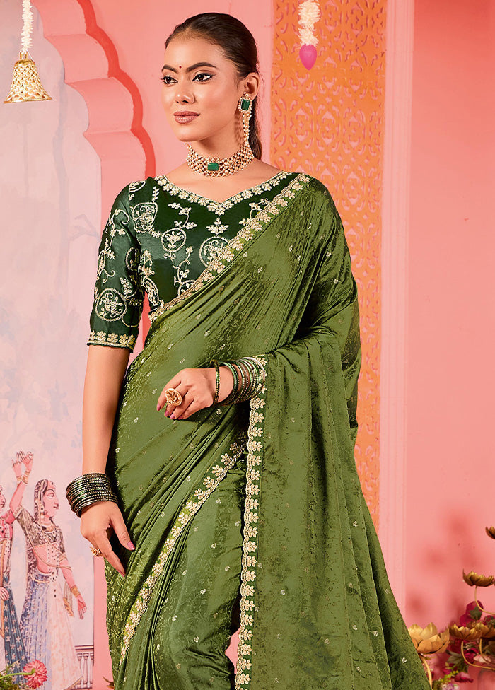 Olive Green Satin Silk Saree With Blouse Piece