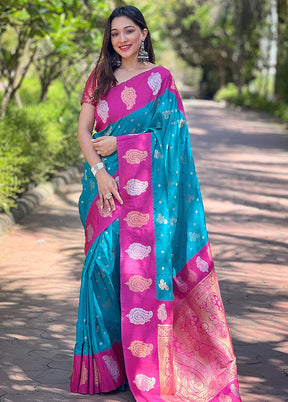 Blue Spun Silk Saree With Blouse Piece