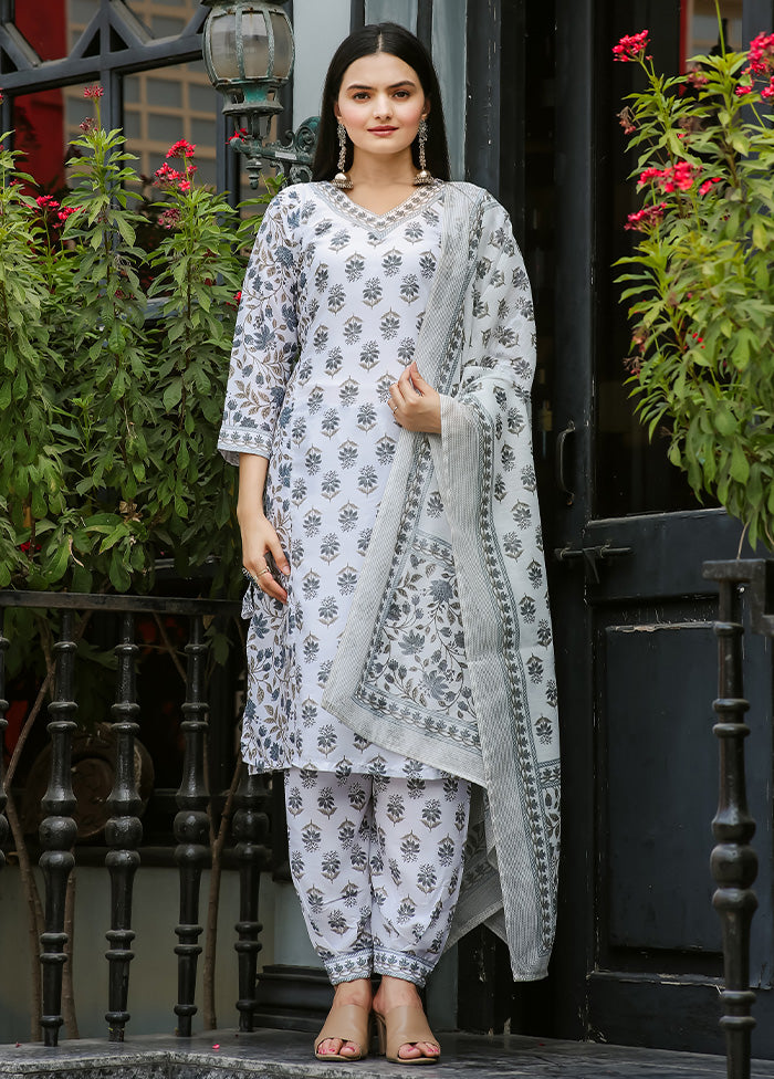 3 Pc Grey Readymade Cotton Dupatta Suit Set