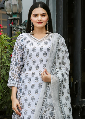 3 Pc Grey Readymade Cotton Dupatta Suit Set