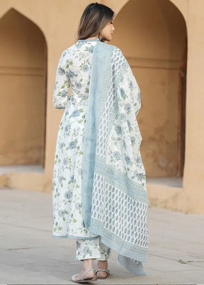 3 Pc Blue Readymade Cotton Dupatta Suit Set