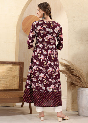 Wine Readymade Cotton Long Kurti