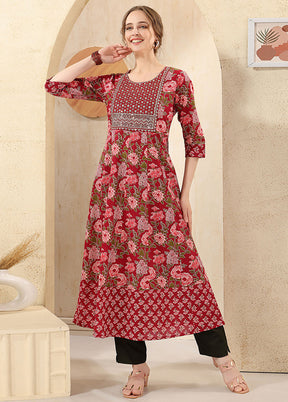 Maroon Readymade Cotton Long Kurti