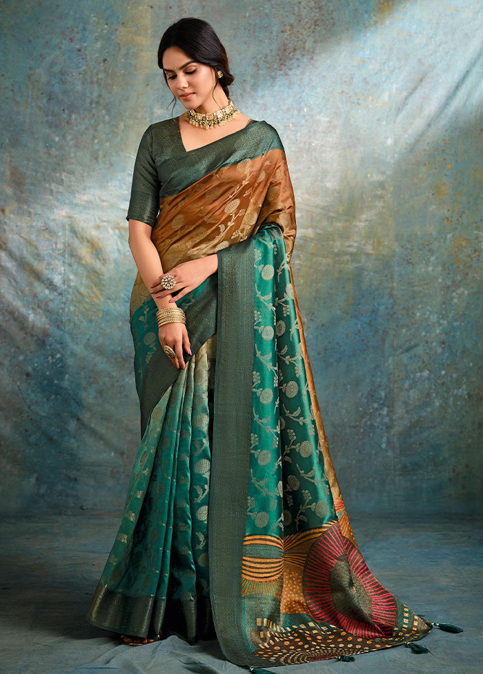 Teal Green Spun Silk Saree With Blouse Piece