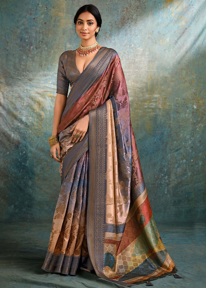 Multicolor Spun Silk Saree With Blouse Piece