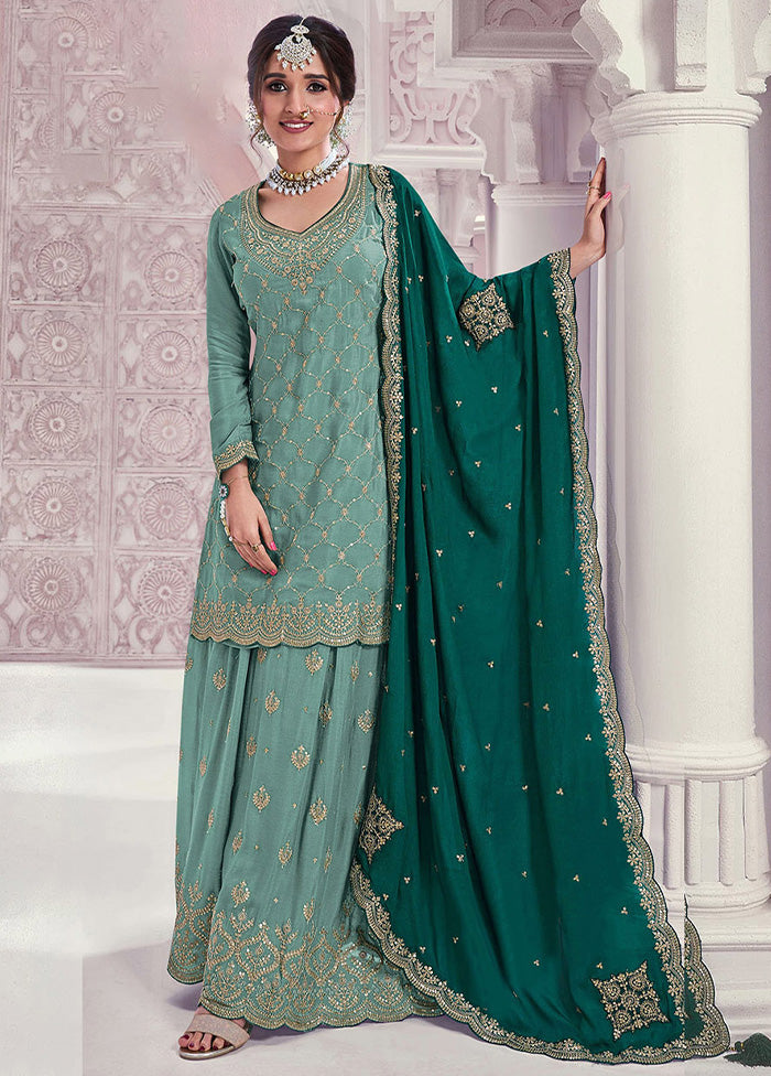 3 Pc Pista Green Semi Stitched Silk Dupatta Suit Set