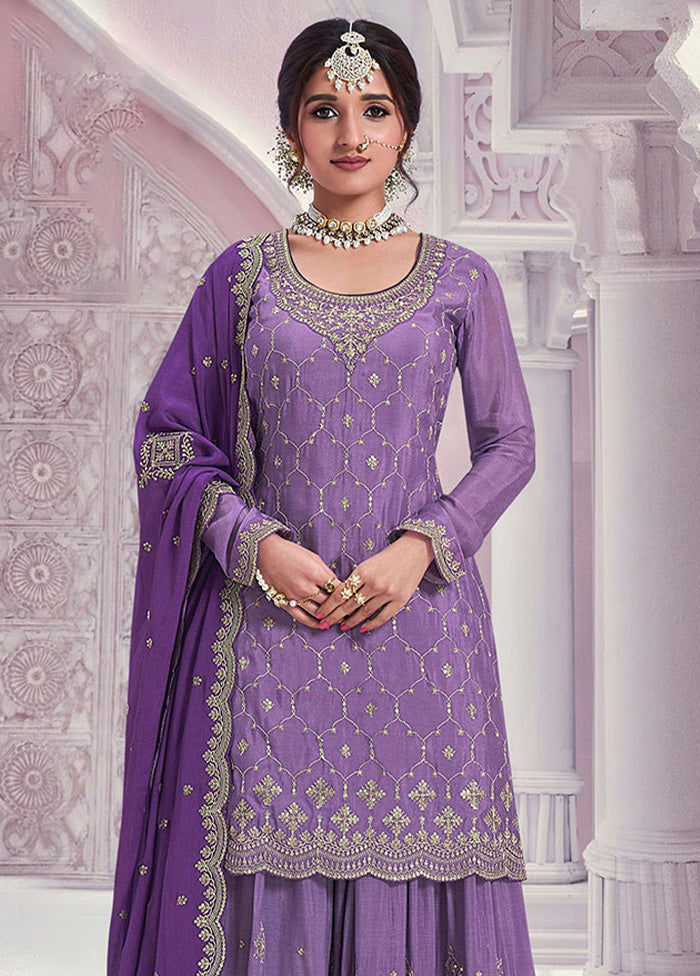 3 Pc Violet Semi Stitched Silk Dupatta Suit Set