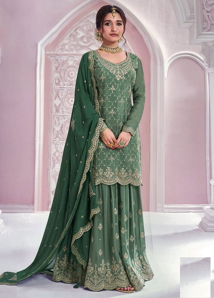 3 Pc Green Semi Stitched Silk Dupatta Suit Set