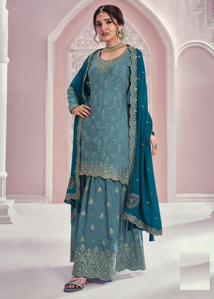 3 Pc Blue Semi Stitched Silk Dupatta Suit Set