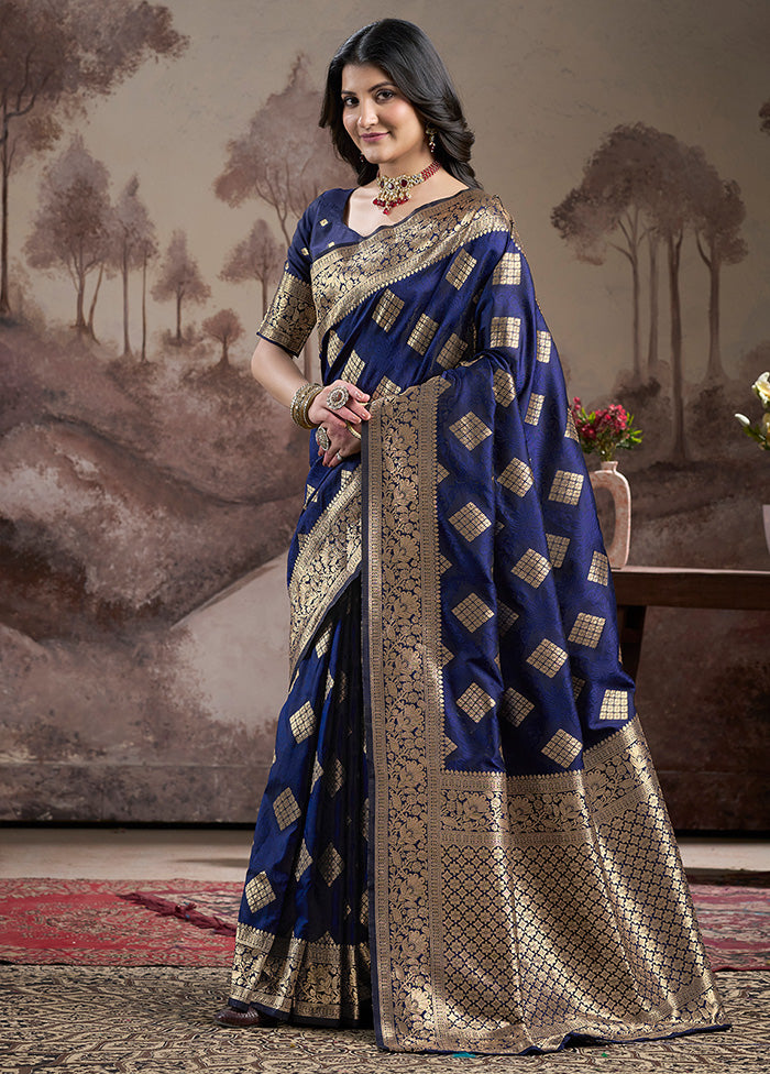 Navy Blue Spun Silk Saree With Blouse Piece