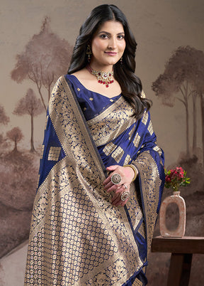 Navy Blue Spun Silk Saree With Blouse Piece