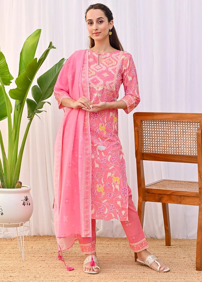 3 Pc Pink Readymade Rayon Dupatta Suit Set