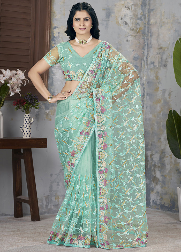 Sea Green Net Net Saree With Blouse Piece