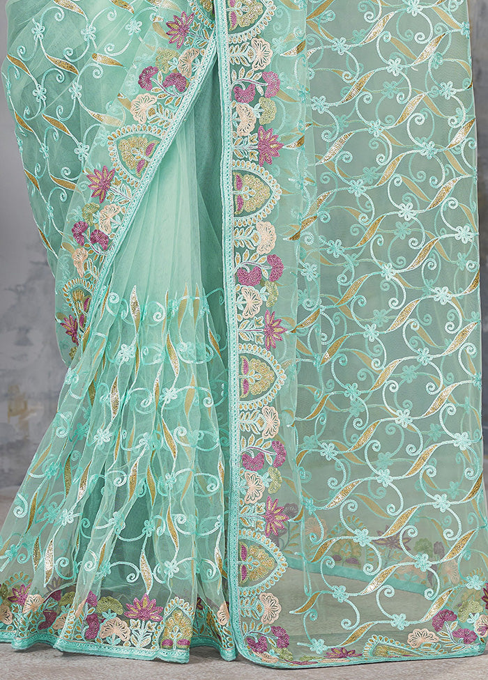 Sea Green Net Net Saree With Blouse Piece