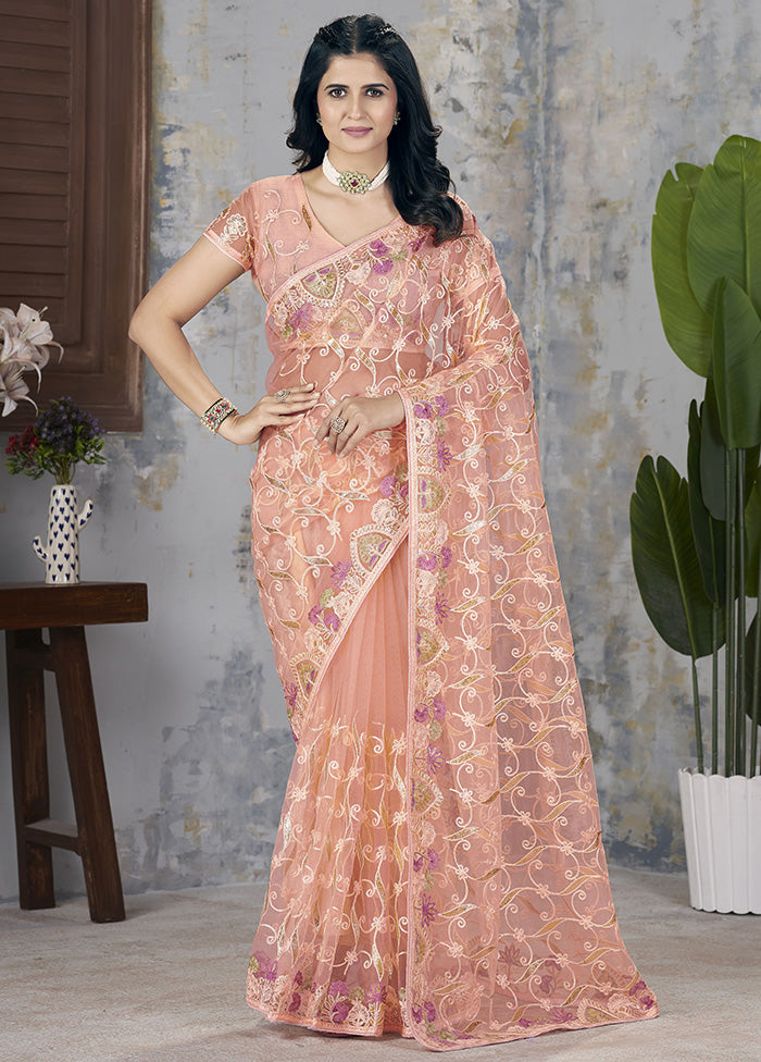 Orange Net Net Saree With Blouse Piece