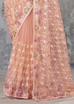 Orange Net Net Saree With Blouse Piece