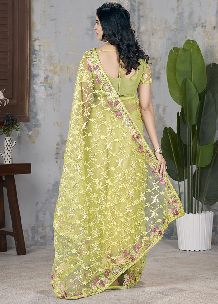 Green Net Net Saree With Blouse Piece