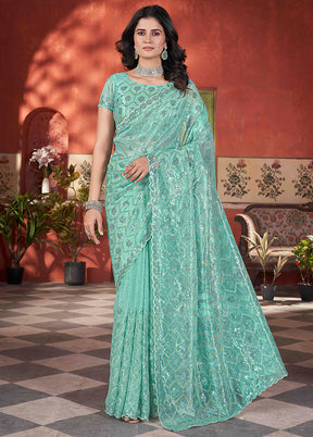 Sea Green Net Net Saree With Blouse Piece