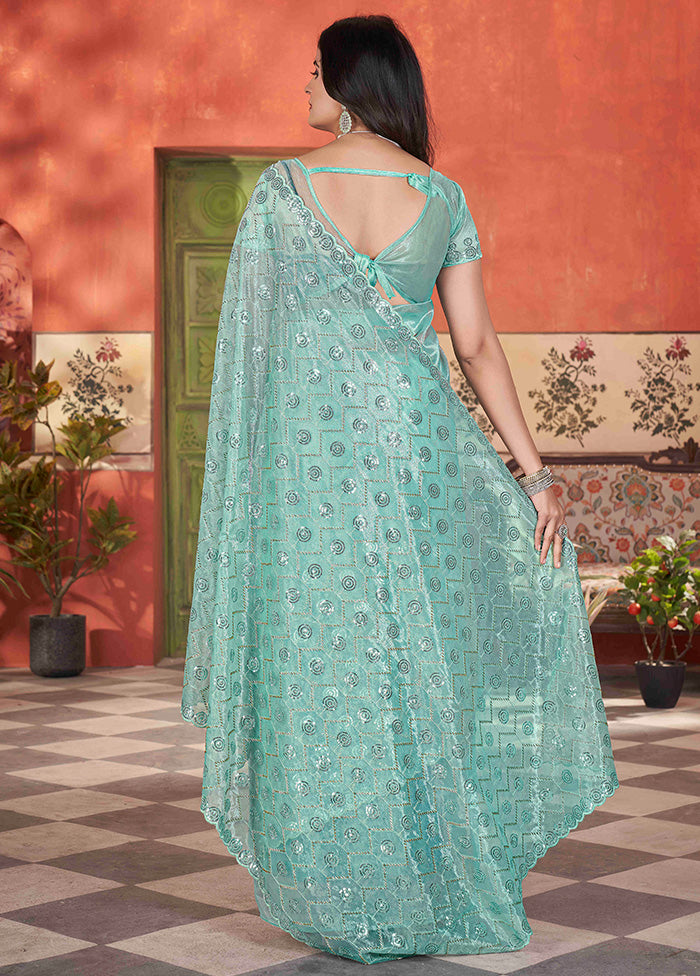 Sea Green Net Net Saree With Blouse Piece