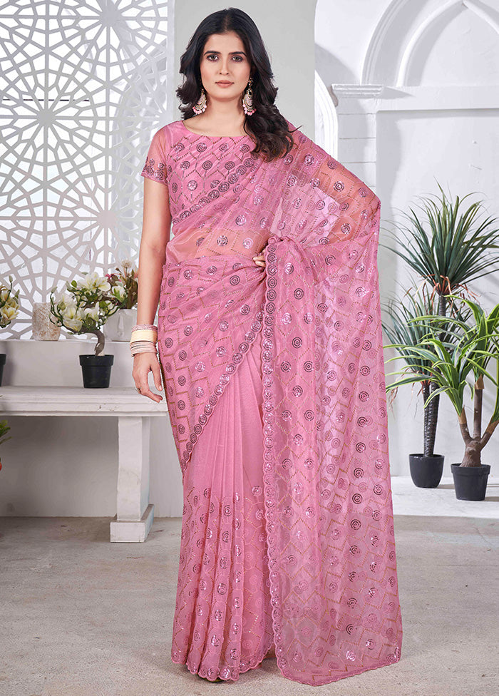 Pink Net Net Saree With Blouse Piece