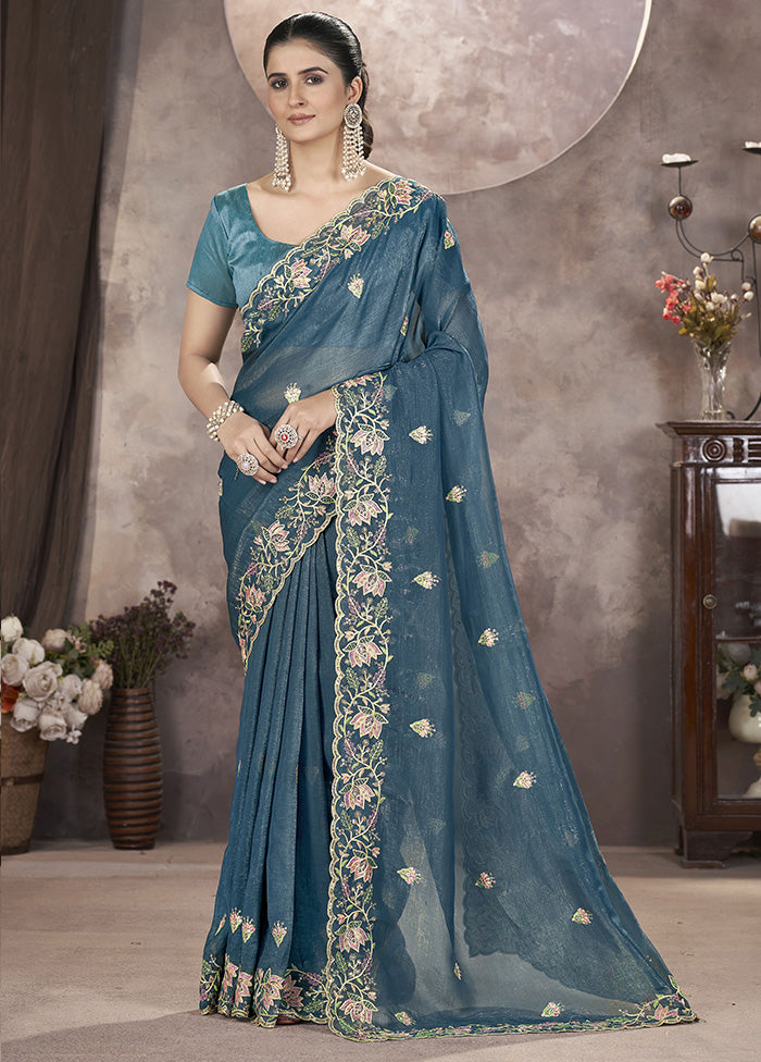 Blue Spun Silk Saree With Blouse Piece