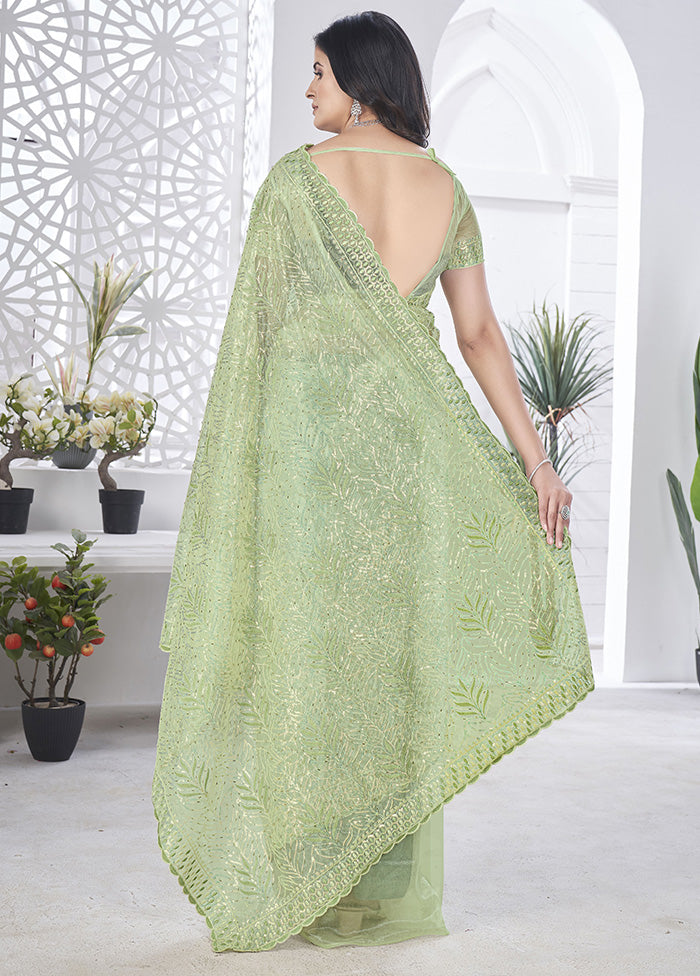 Green Net Net Saree With Blouse Piece